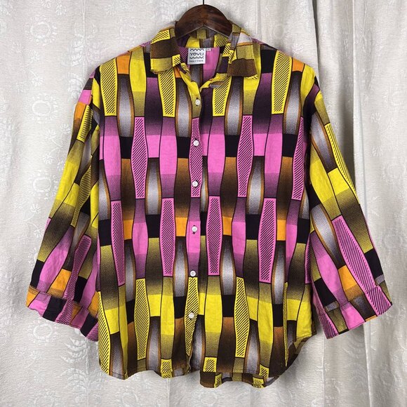 Yevu colorful button-down oversized top wide sleeve cotton stripe Ghana Africa L - Picture 1 of 8